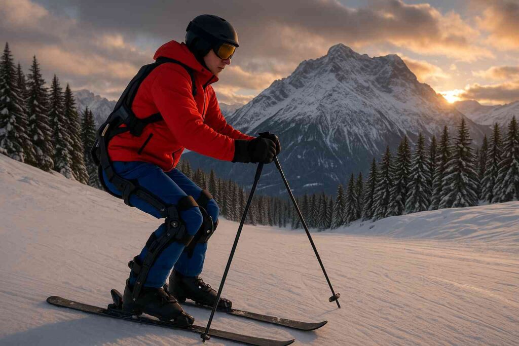 Skieur avec exosquelette