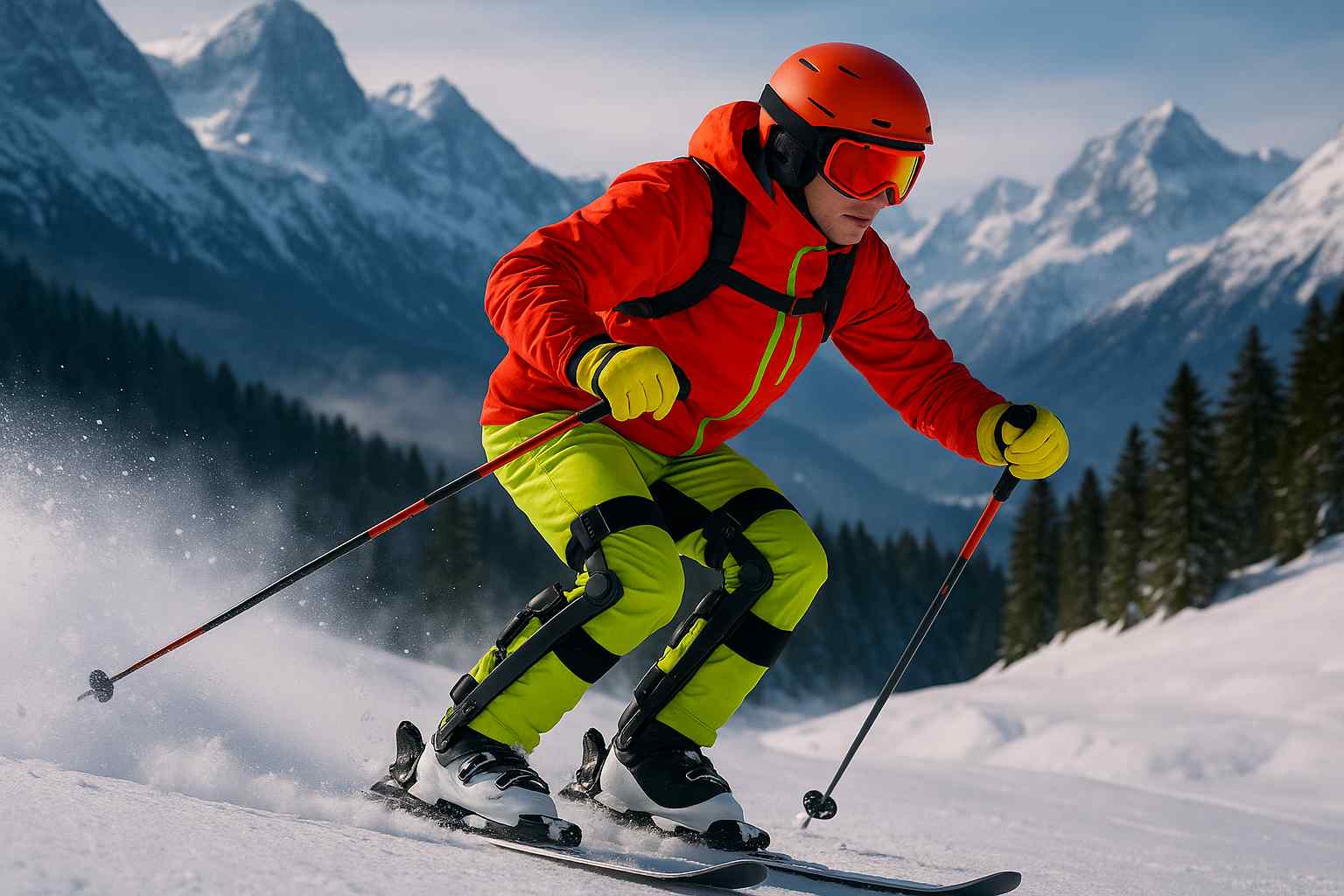 Skieur avec exosquelette