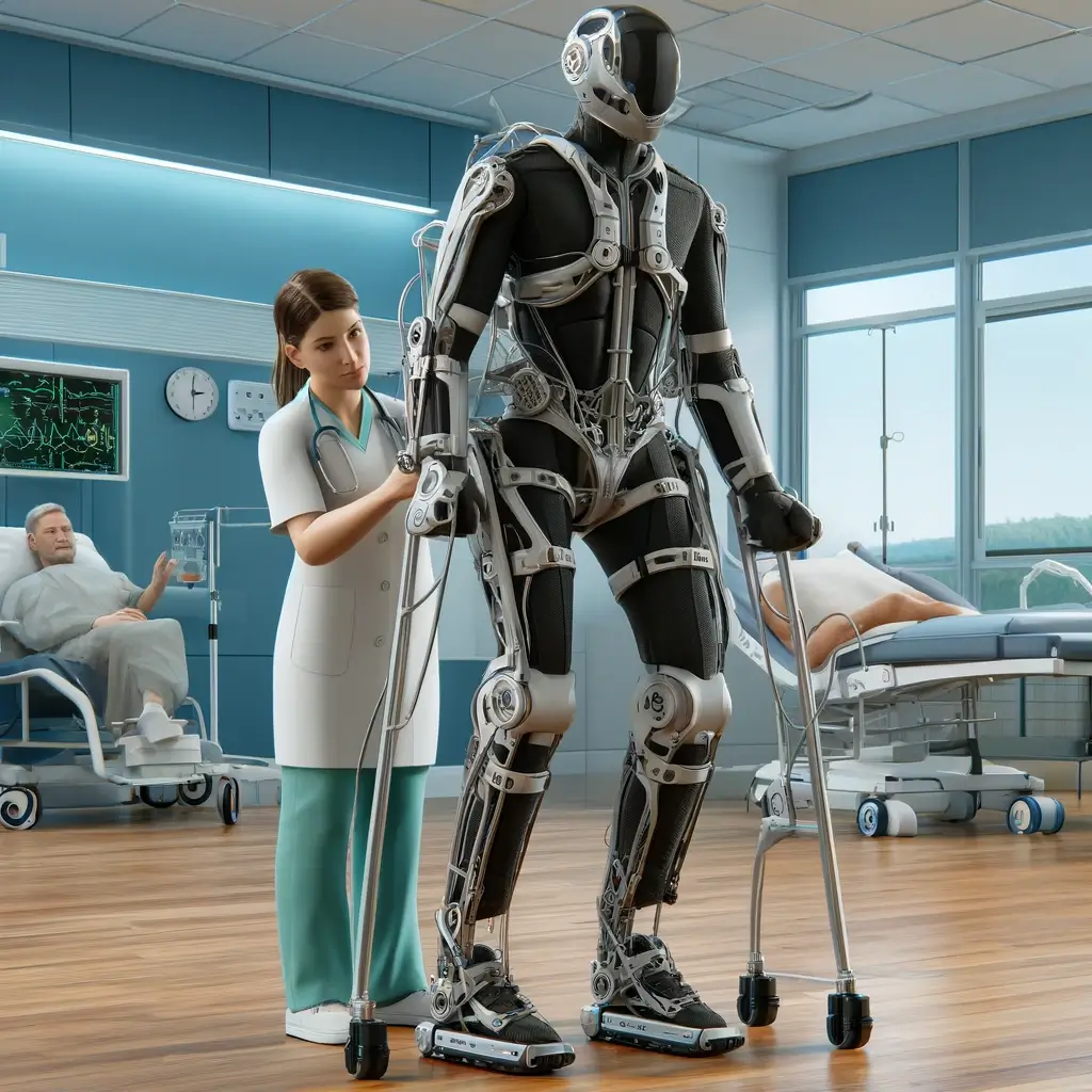 Gros plan sur les articulations motorisées d'un exosquelette actif en fonctionnement.