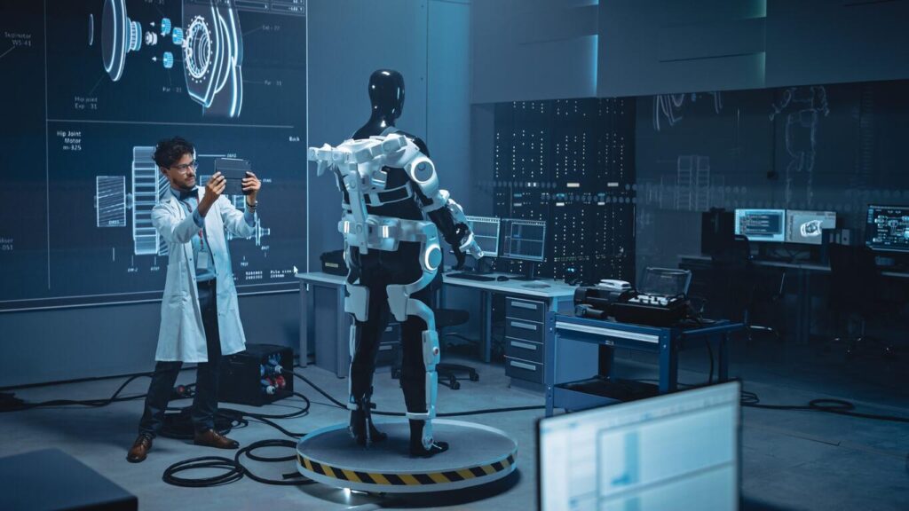 tilisateur portant un exosquelette léger dans un environnement professionnel pour réduire la pénibilité.