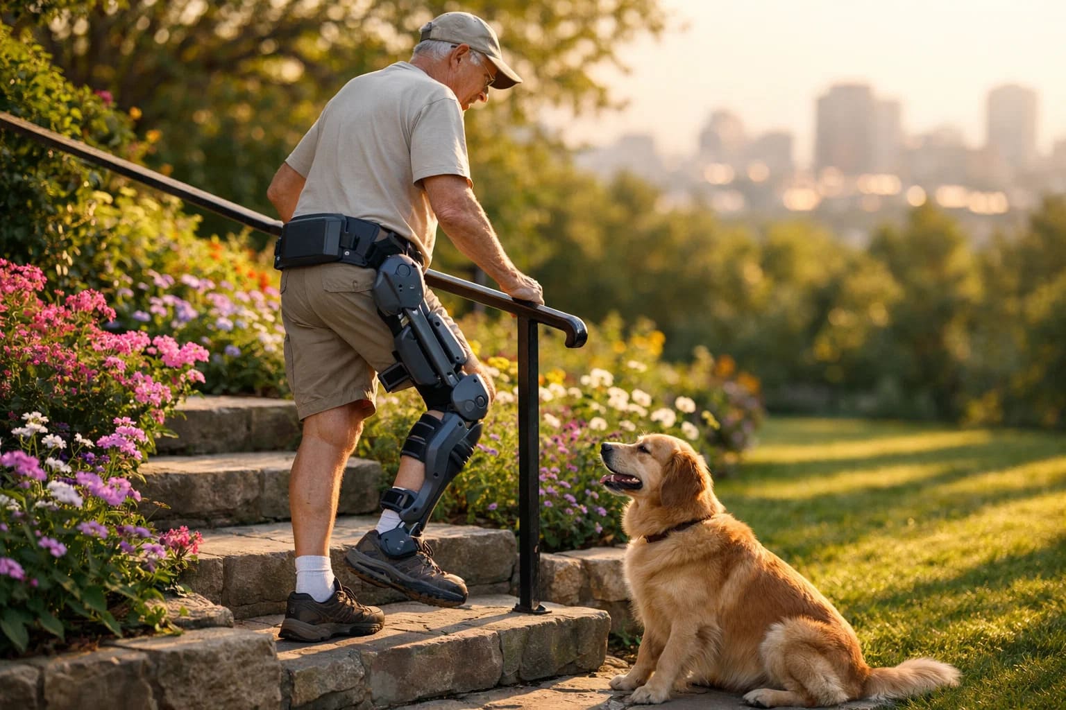 homme portant un exosquelette dans des escaliers