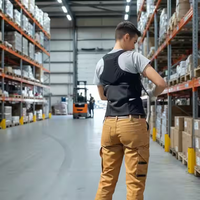 Manutentionnaire avec un exosquelette SoftSkin Dorso Lombaire