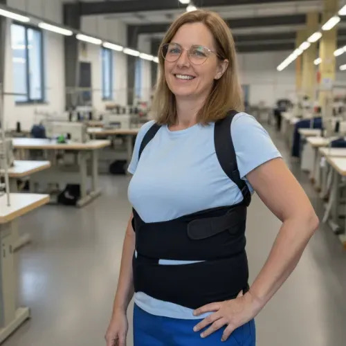 Opératrice portant un exosquelette SoftSkin Dorso Lombaire face