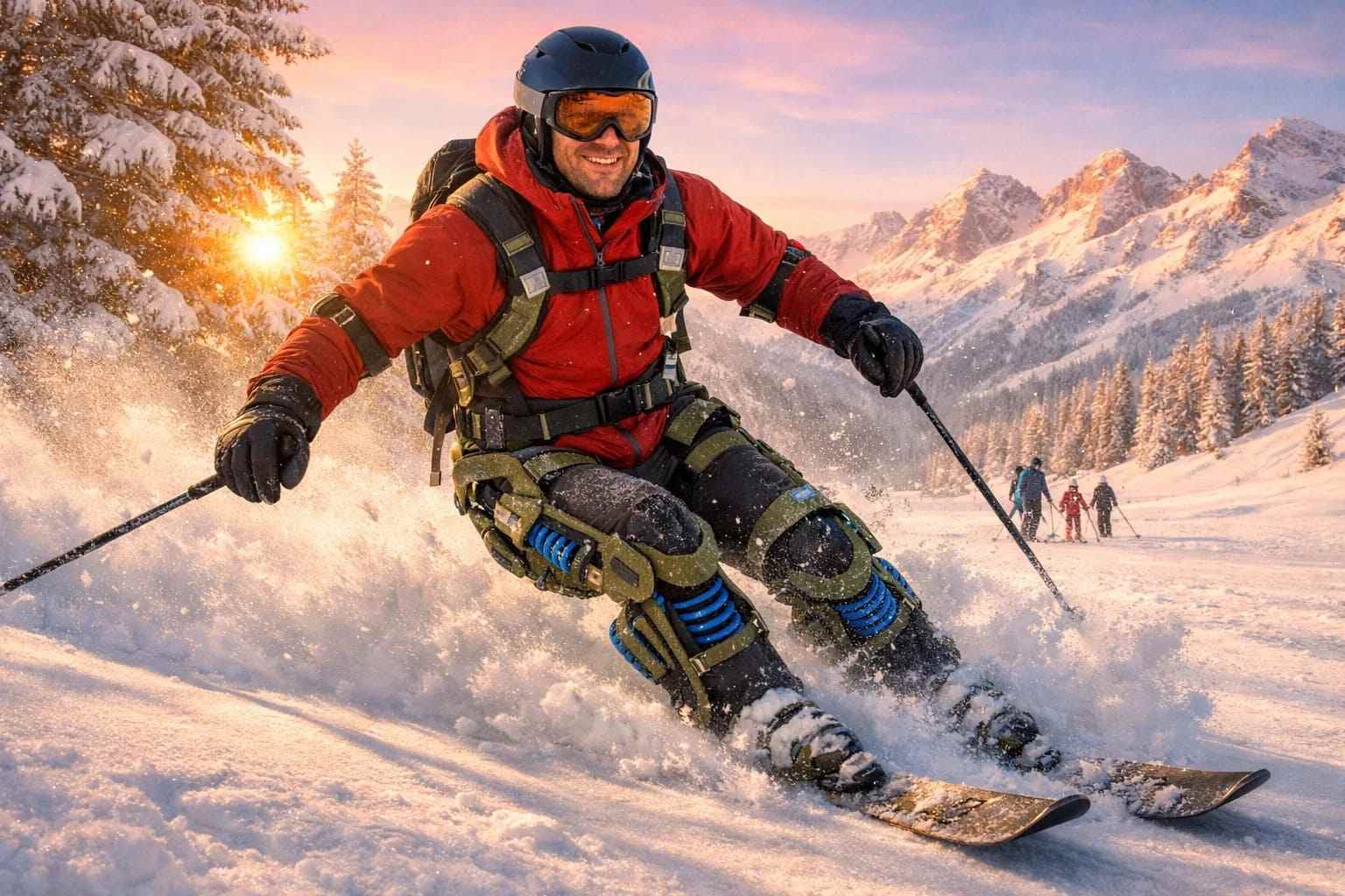 homme souriant faisant du ski avec un exosquelette