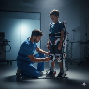 kiné réglant un exosquelette pédiatrique sur un enfant