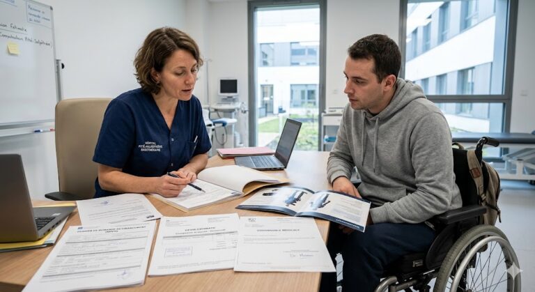 Personne handicapée étudaint son dossier d'aides financières pour l'achat d'un exosquelettes