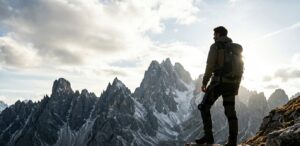 Homme en haut d'une montagne portant un exosquelette